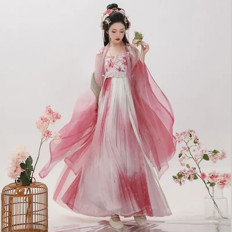 flower Hanfu Female Adult Summer Skirt Chinese Hanfu Dress Ancient Skirt palace embroidered print pink Hanfu Full Set