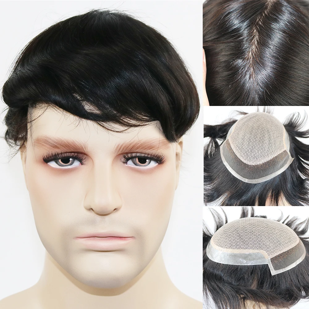 Mannen Haar Systeem Pruik Mannen Haarstukken Zijdeachtige Rechte Volledige Zijde Basis Toupetje Zwarte Kleur # 1b Braziliaanse Remy Human Hair vervanging