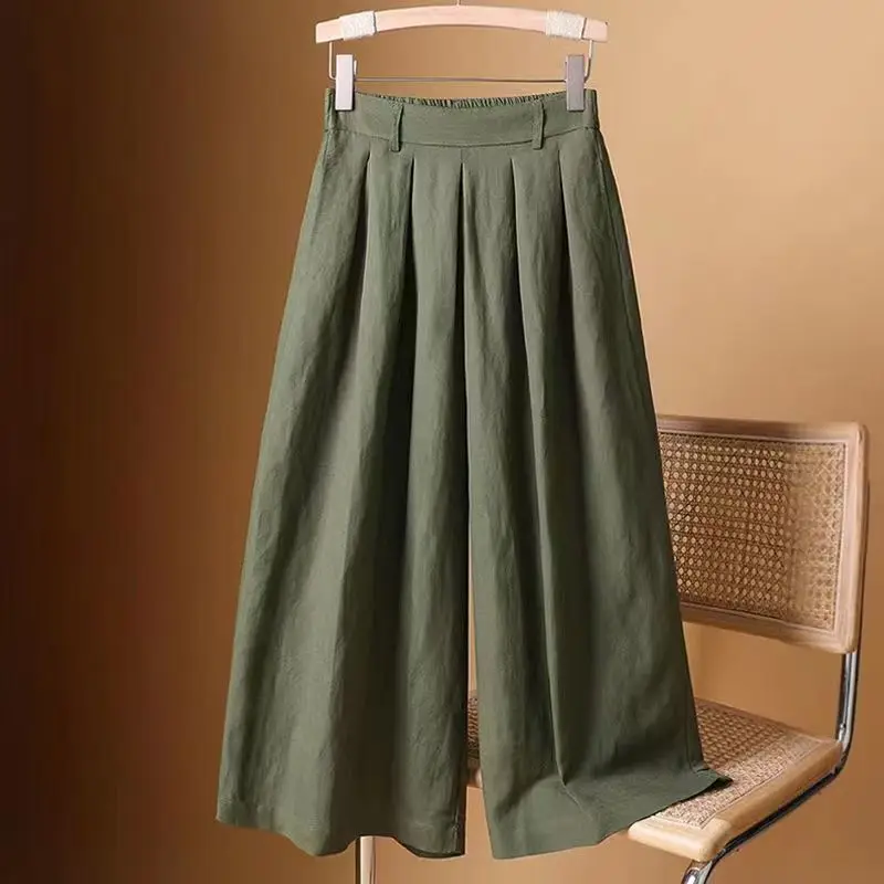 Pantalones de pierna ancha de lino y algodón para mujer en verano finos 2025, nuevos pantalones informales sueltos de siete puntos de cintura alta XQ105