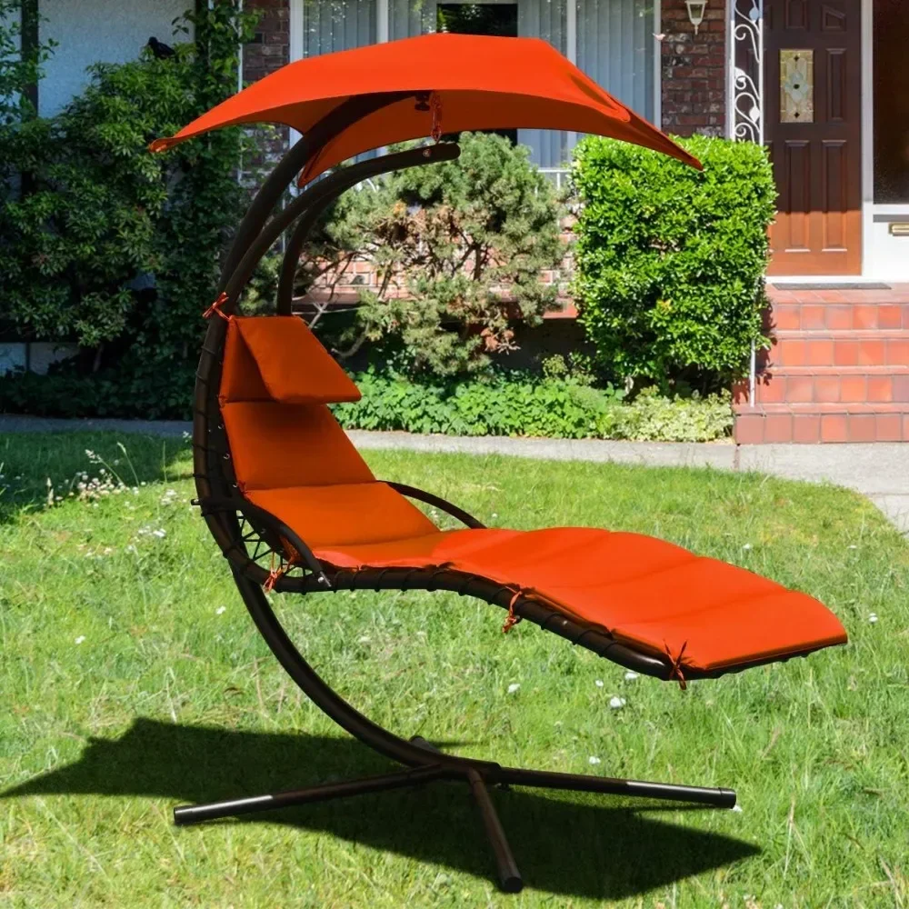

Hanging Chaise Lounger Chair, Arc Stand Porch Swing Chair w/Canopy, Cushion Built-in Pillow, Outdoor Freestanding Swing