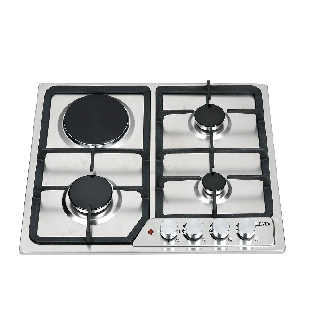 Fogão a gás de aço inoxidável embutido, 4 queimadores, fogão a gás de cozinha NG/GLP, fogão a gás e elétrico