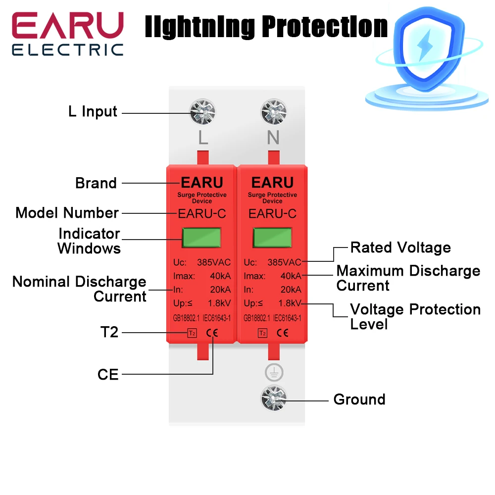 AC 385V SPD 1P 2P 3P 4P 20KA 30KA 40KA 60KA House Lightning Surge Protector Protective Solar PV Low-Voltage Arrester Device