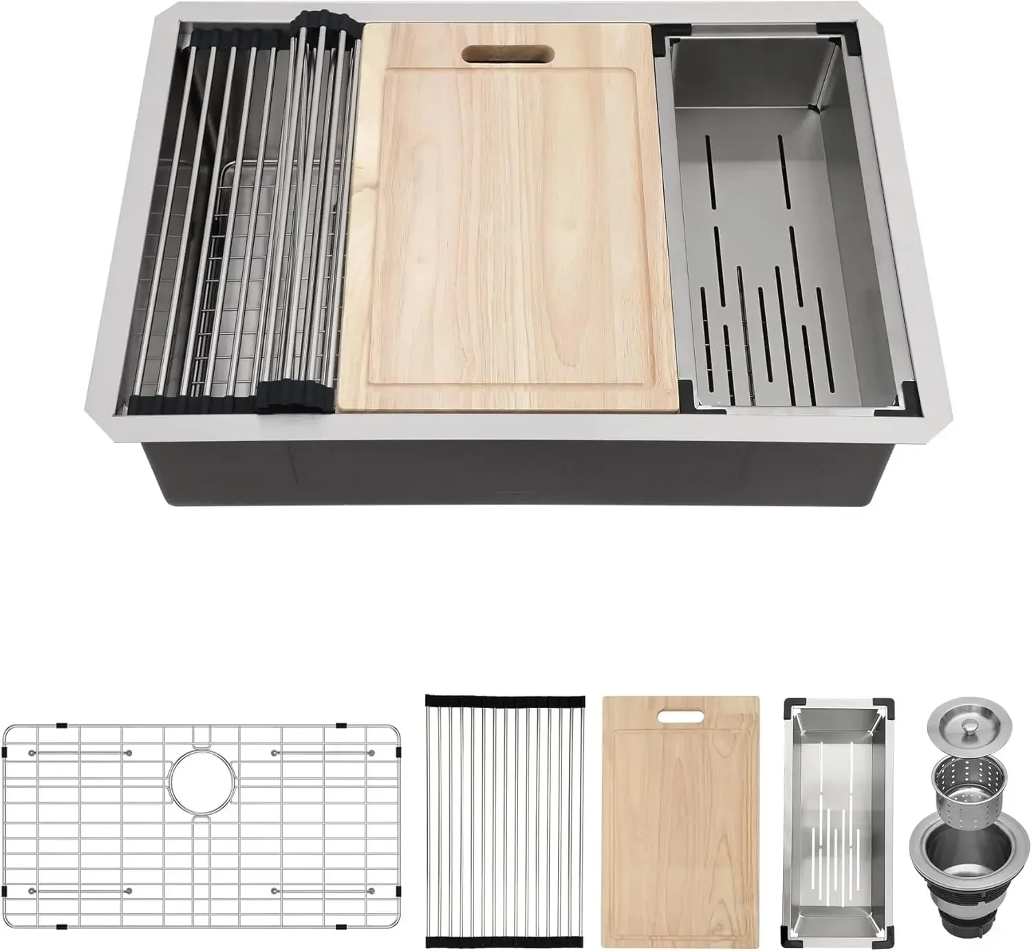 28 Inch Undermount Kitchen Sink 28x19 Workstation Stainless Steel 16 Gauge Single Bowl Multifunctional with Accessories