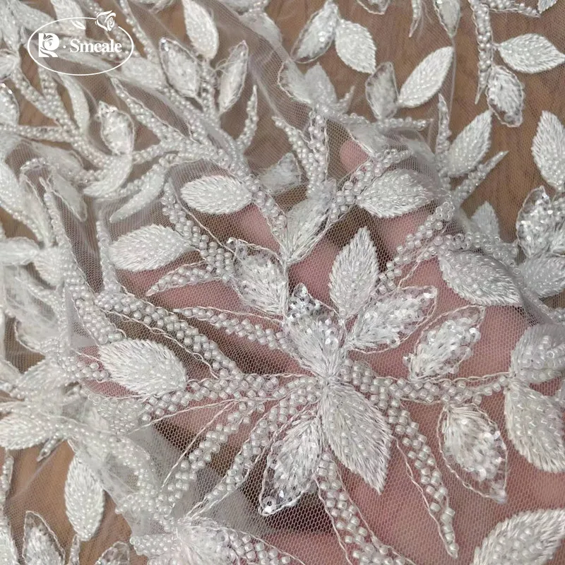 Handmade Beaded Shiny Leaves Bridal Fabric, DIY Off-White, New Style, RS4011