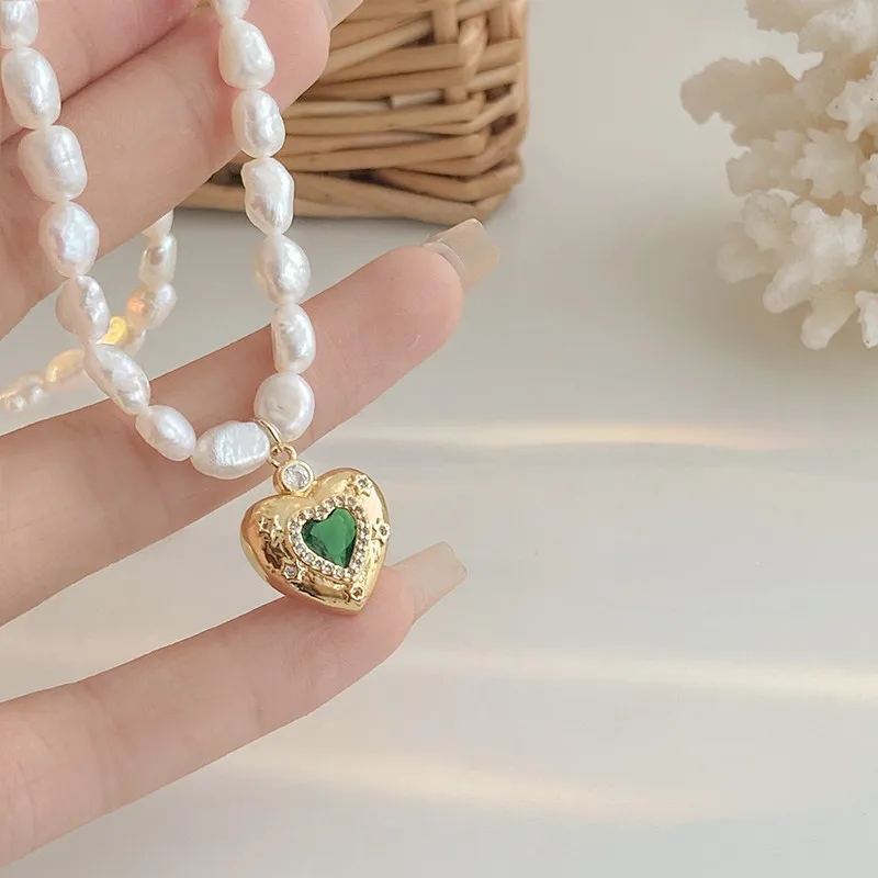 New Romantic Love Heart Green Crystal Natural Baroque Freshwater Pearl 14K Gold Filled Female Pendant Necklace Jewelry For Women
