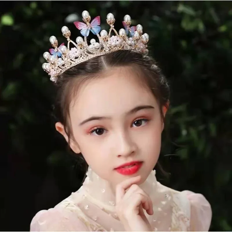 Gold Butterfly Princess Crown for Girls Handmade Rhinestone Tiara Pearl Headband for Birthday Wedding Model Catwalk Party