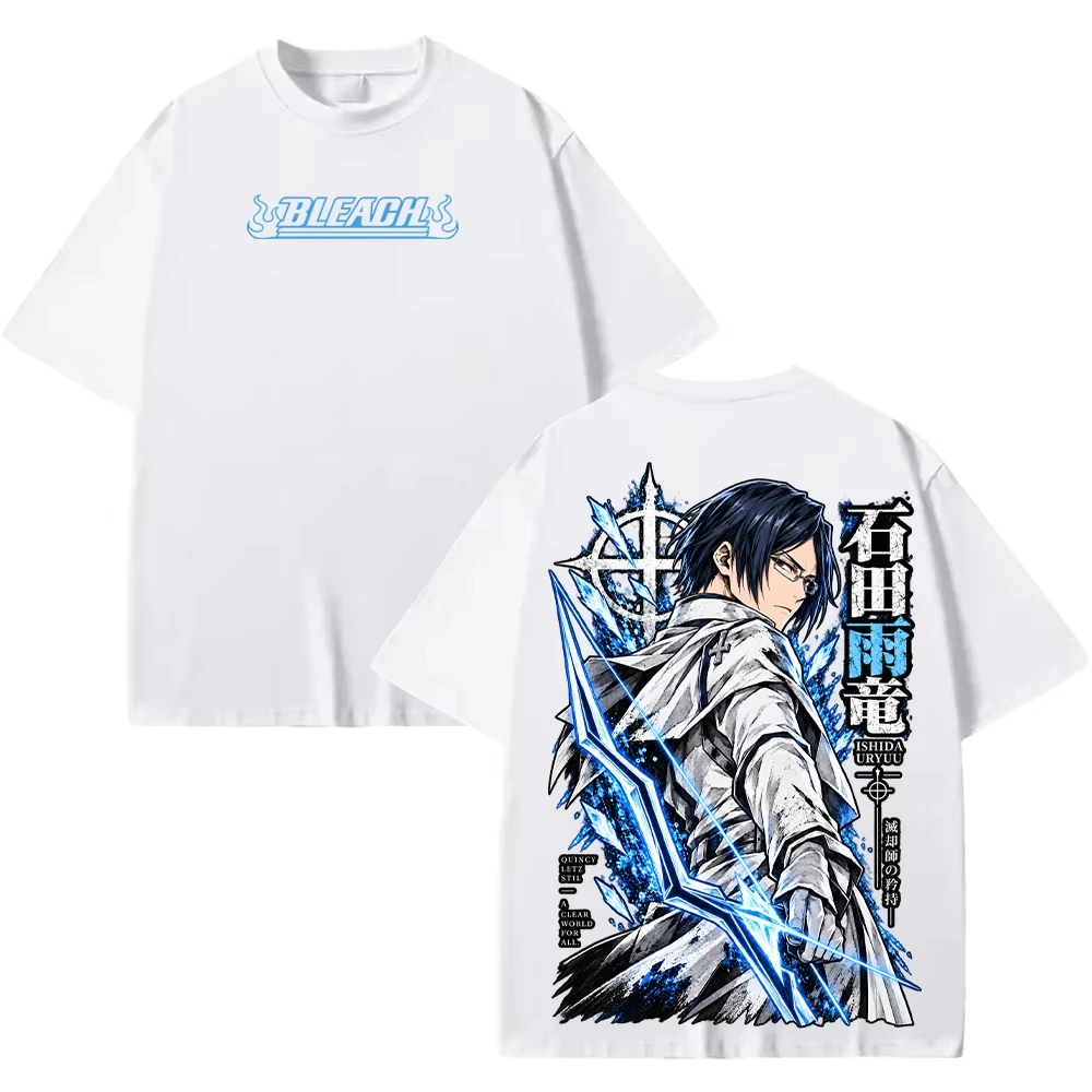 BLEACH Uryu Ishida Anime Print Unisex T-Shirt, Vintage Manga Pattern Front Back Double Print Loose Short Sleeve Top T-Shirt