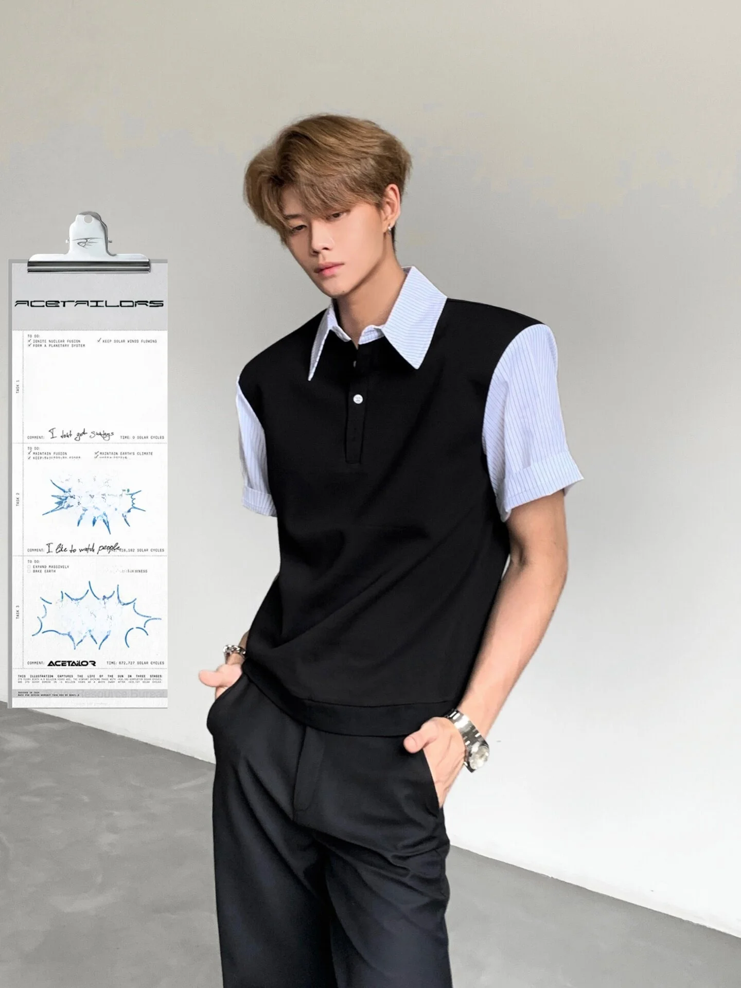 Ace Tailors Men's  Shirt Summer Short Sleeve Shoulder Pad Color Block Design Fashionable Urban Style Cotton Blend T-Shirt