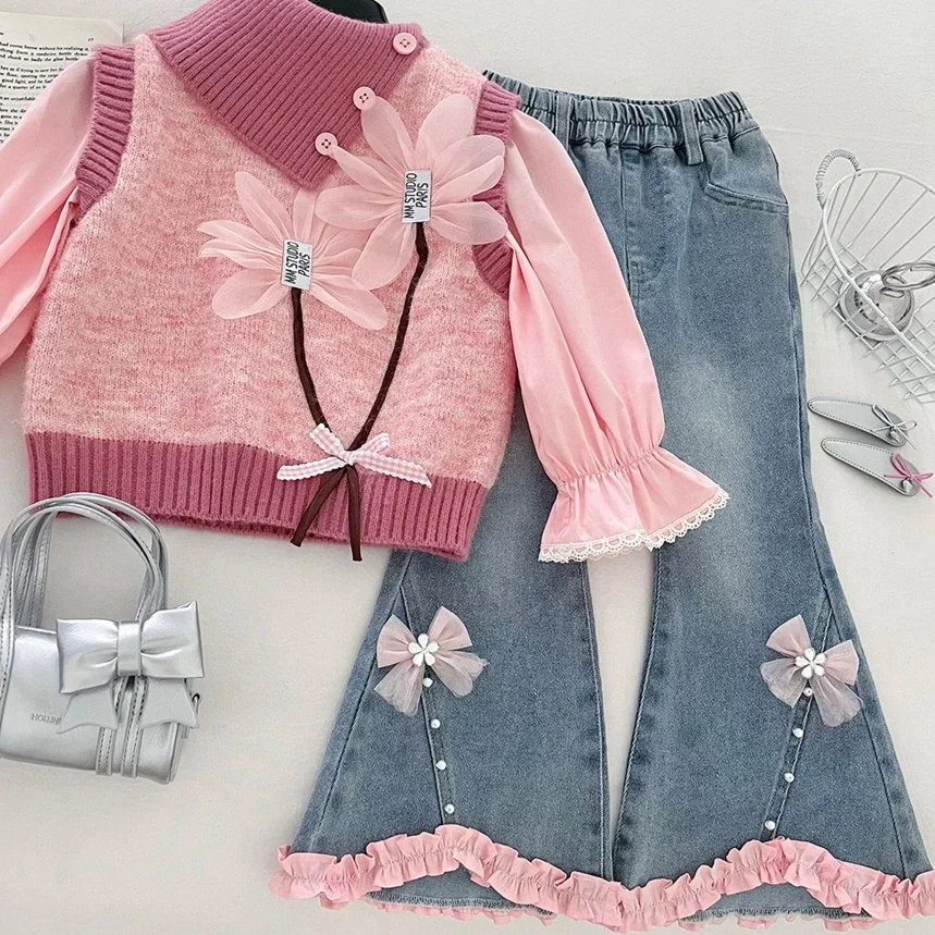 Girls Suit 2026 Autumn And Winter New Childrens Clothing Korean Style Girl Baby Flower Vest Shirt Micro La Jeans Three Sets