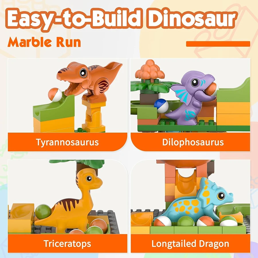 Kids Construction Building Block Toys, Marble Runs Building Block Toys for Kids 4-8, Marble Run with Dinosaur Building Blocks