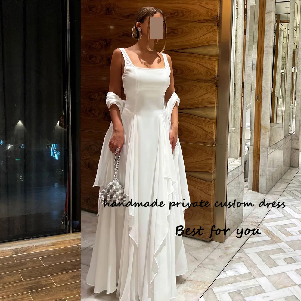 

White Chiffon Evening Dresses Sleeveless Square Neck Arabic Dubai Formal Prom Dress Floor Length Evening Party Gowns