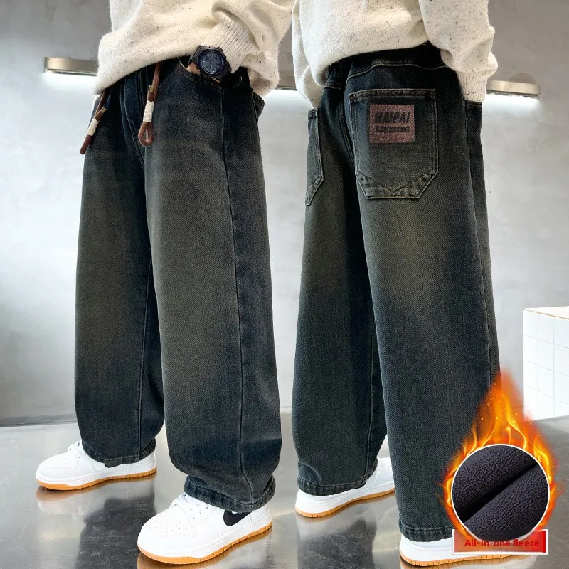 

Boys Fleece Lined Loose Casual Jeans mid High Waist Long Cotton Stretch Denim Straight Leg Pants for Teenagers Winter Wear