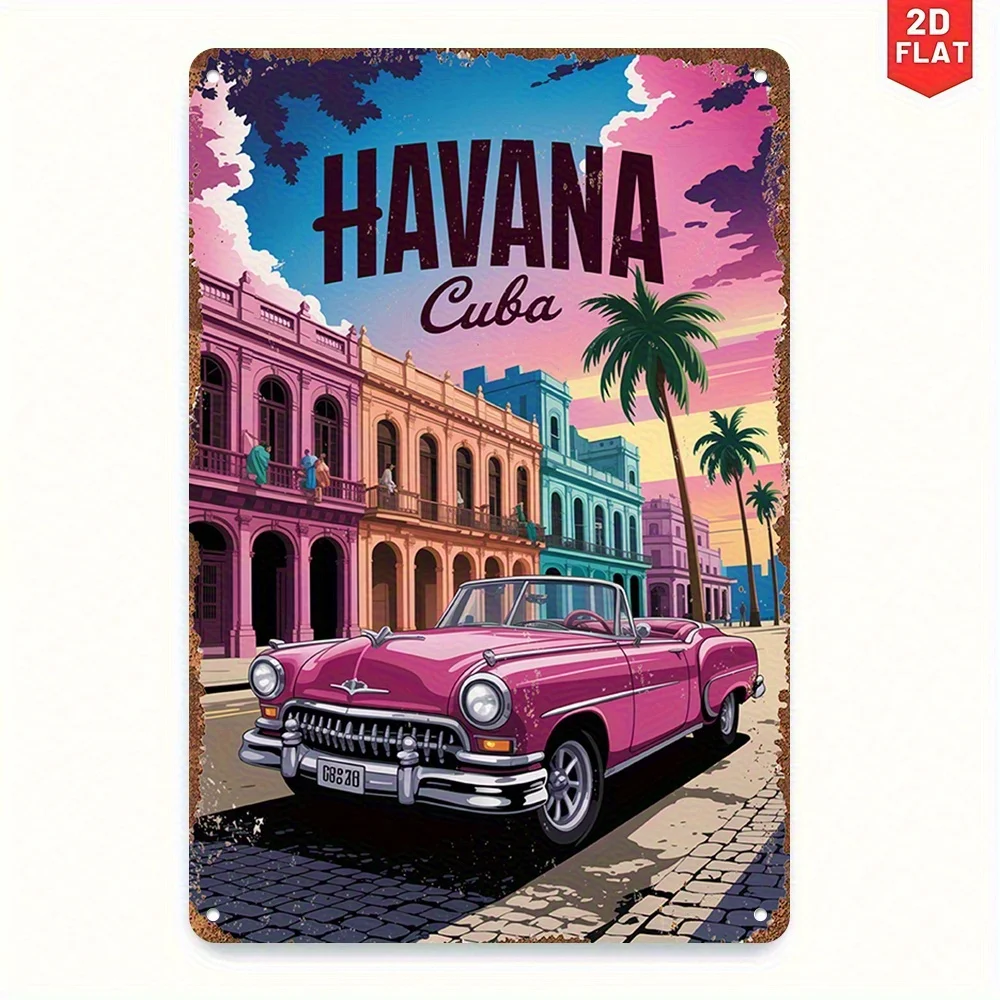 2D Flat, 1pc Retro Havana Cuba Metal Wall Art Sign- Vintage Style Metal Poster with Vibrant Cityscape Design, Perfect for Home,