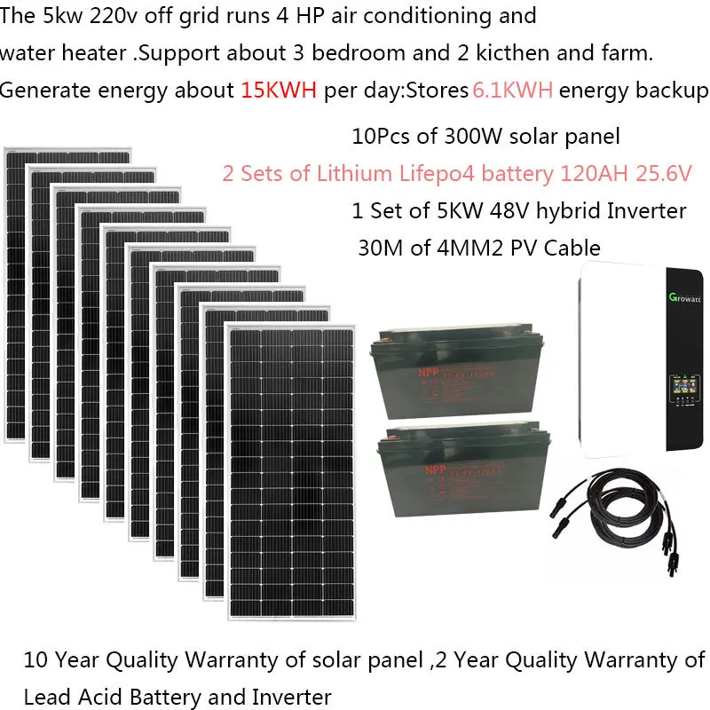 Solar System For Home Complete Kit 5KW 5000W 220v Lithium Lifepo4 Battery 120AH Growatt Hybrid Inverter 450V Off Grid System