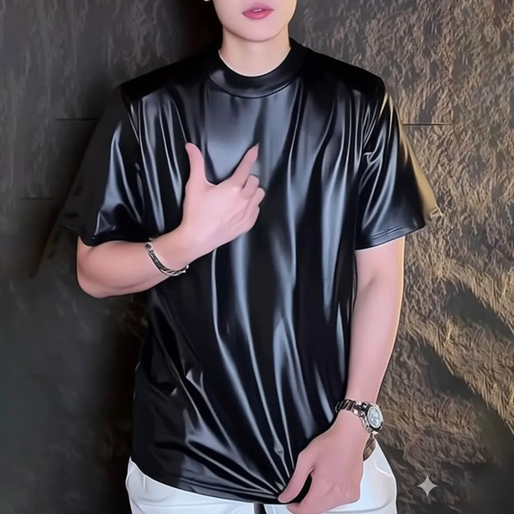 Mens T-Shirts Shiny Plain Ballroom T-Shirts Streetwear Fashion Nightclub Stage Performance Short-Sleeved Tops Men'S Clothing