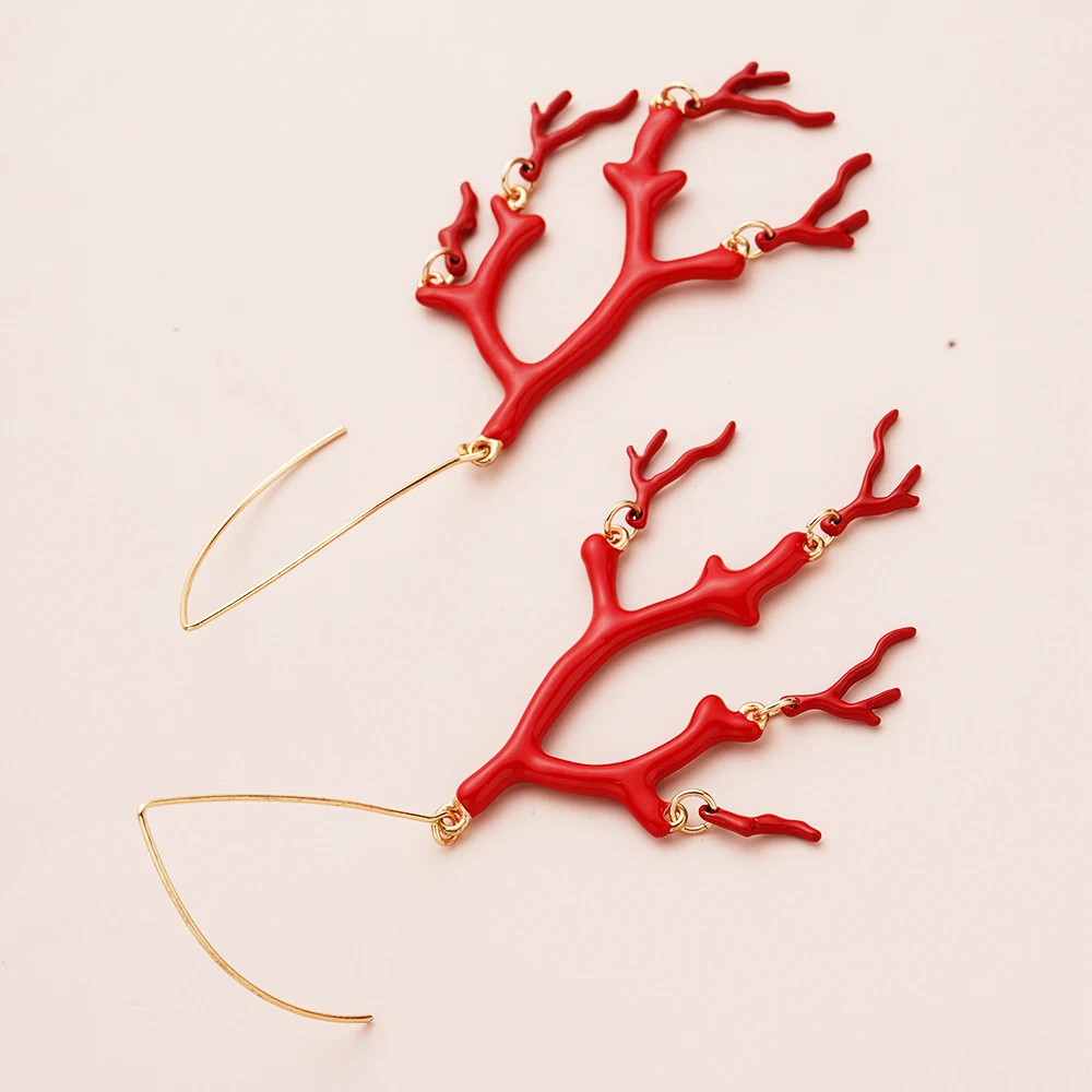 Red Enamel Coral Tree Earrings Antlers Acrylic Resin Dangle Girl Fashion Jewelry Christmas Gift Women Accessories