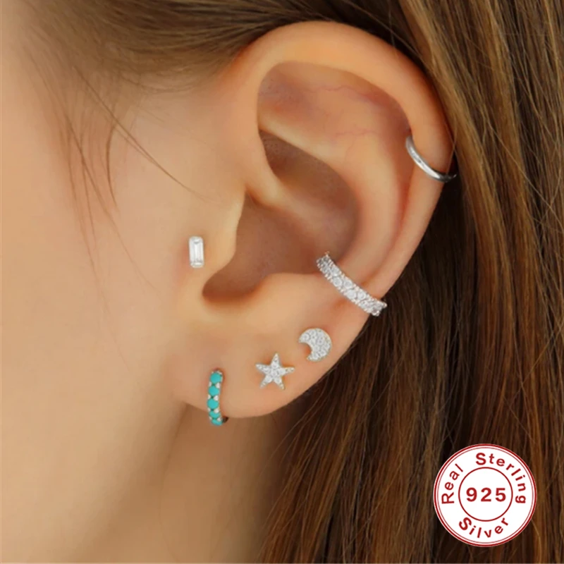 CANNER 1PC Stars Moon Flowers White Zircon Earring For Women 925 Sterling Silver Piercing Stud Earring Pendiente Plata Jewelry