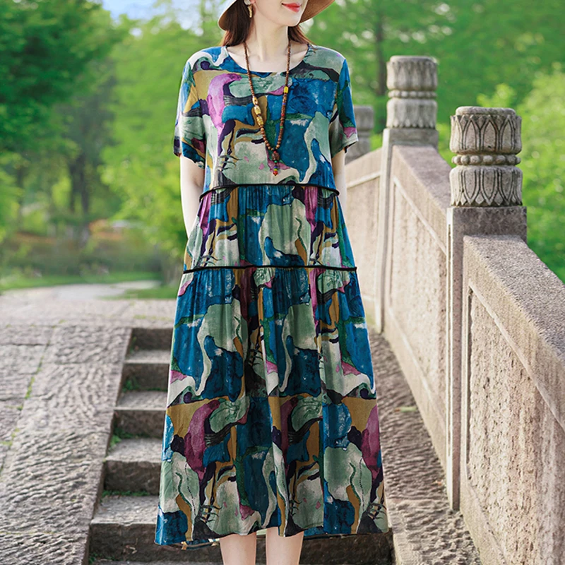 

Elegant Long Dress Women 2024 Loose Short Sleeve Vintage Dresses Casual Middle-aged Women's Clothing