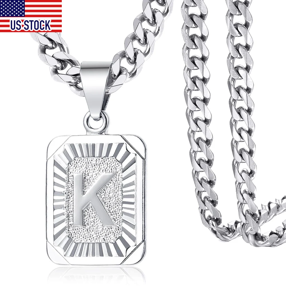 Silver Color Square Initial Letter ABC Pendant Necklace for Men Women Stainless Steel Curb Cuban Chain Name Pendant 5mm GPM11B
