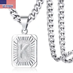 Silver Color Square Initial Letter ABC Pendant Necklace for Men Women Stainless Steel Curb Cuban Chain Name Pendant  5mm GPM11B