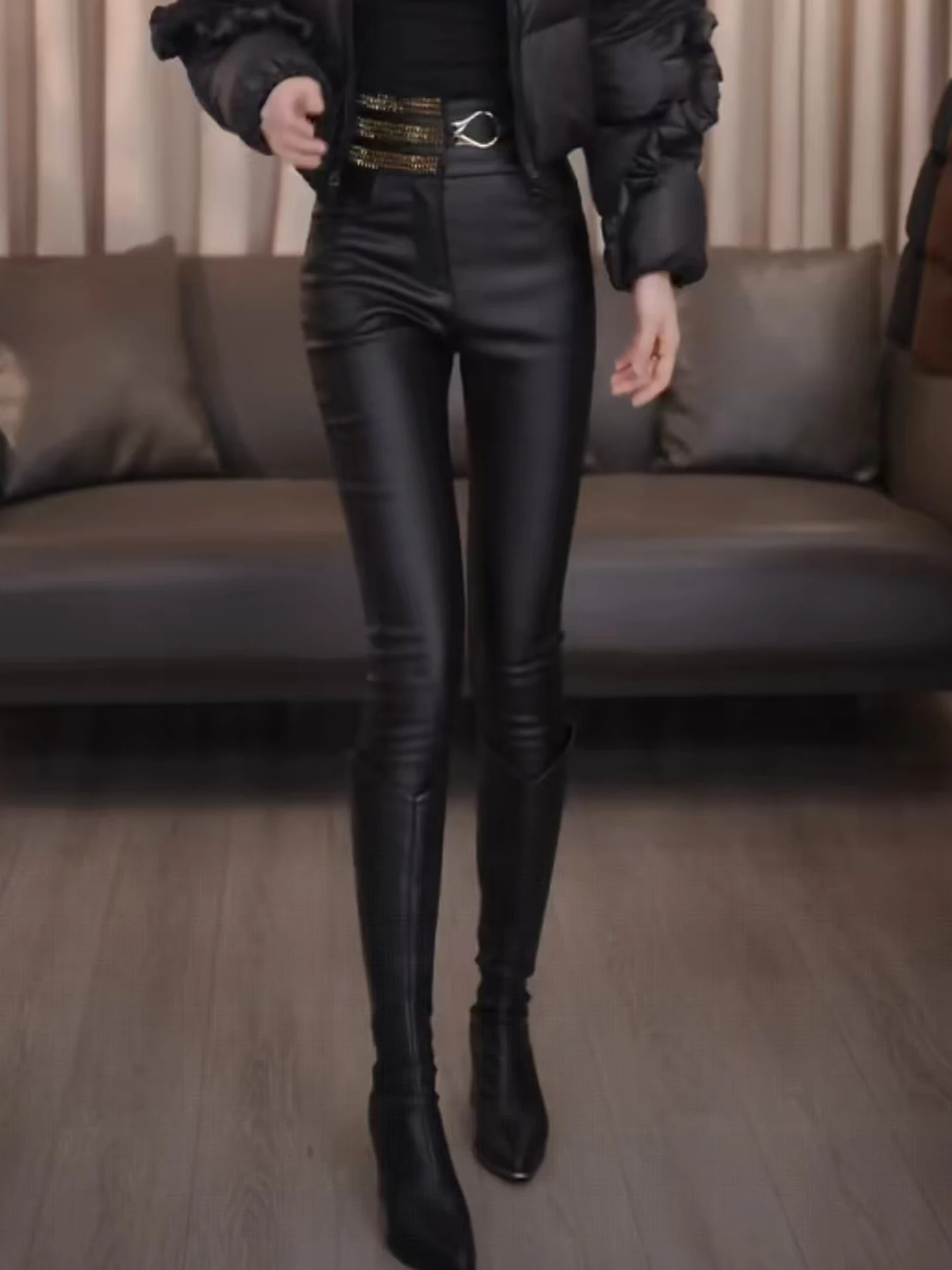 

Зимние модные дизайнерские облегающие брюки из искусственной кожи с одной пуговицей и стразами, женские теплые узкие джинсы Fce