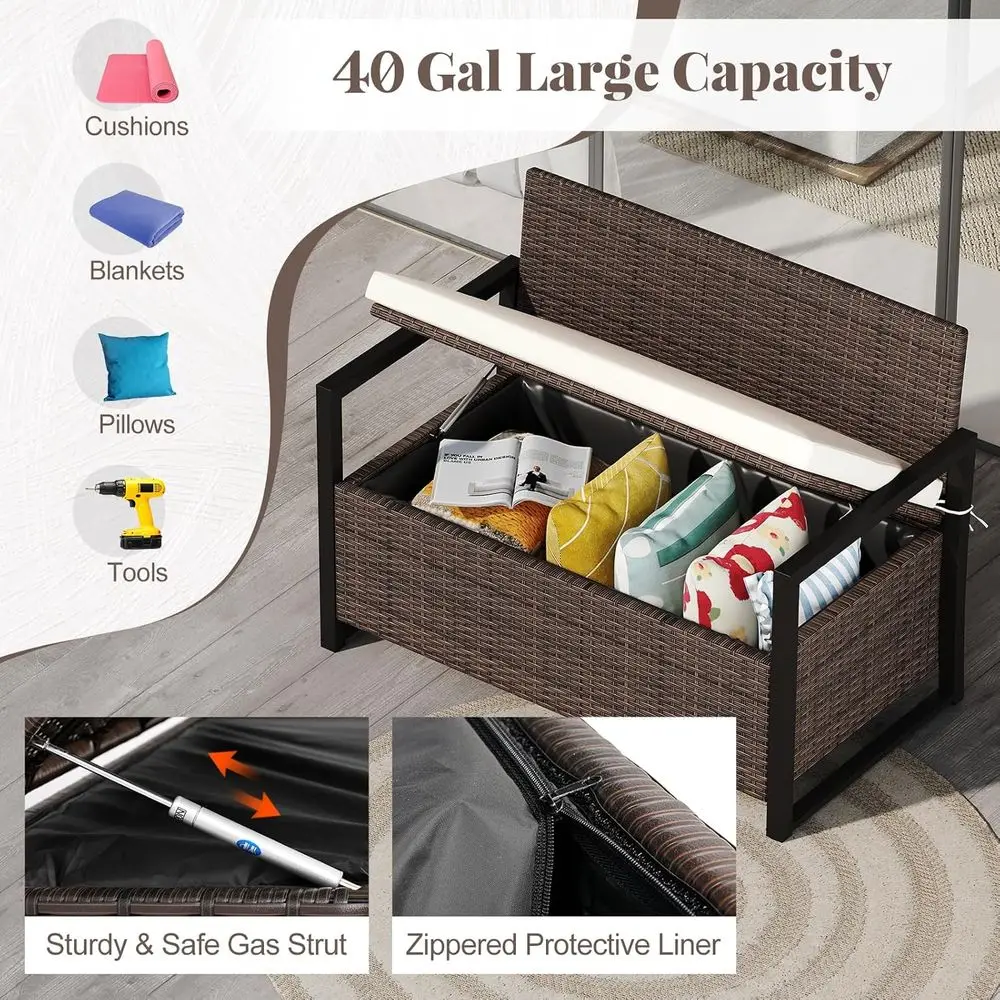 Wicker Outdoor Bench with Storage - Rattan Deck Box w/Protective Liner or Pillows, Pool Supplies, Garden Tools, Patio Loveseat w