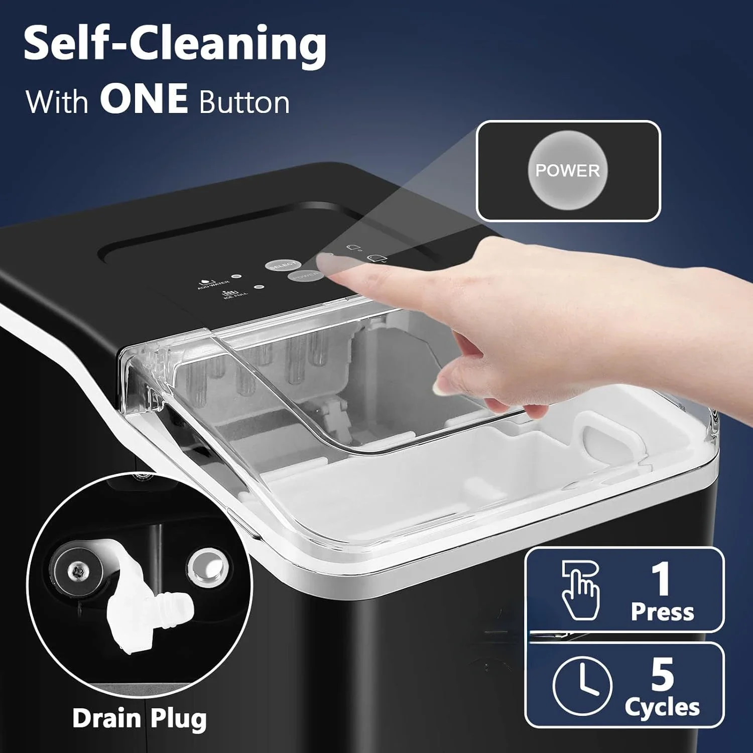 Eficiente auto-limpeza Ice Maker com Ice Scoop e Basket, Countertop Ice Makers, 9 Ice Ready em 6 Mins a 8 Mins, 26.5 lbs/24 Horas Ice M