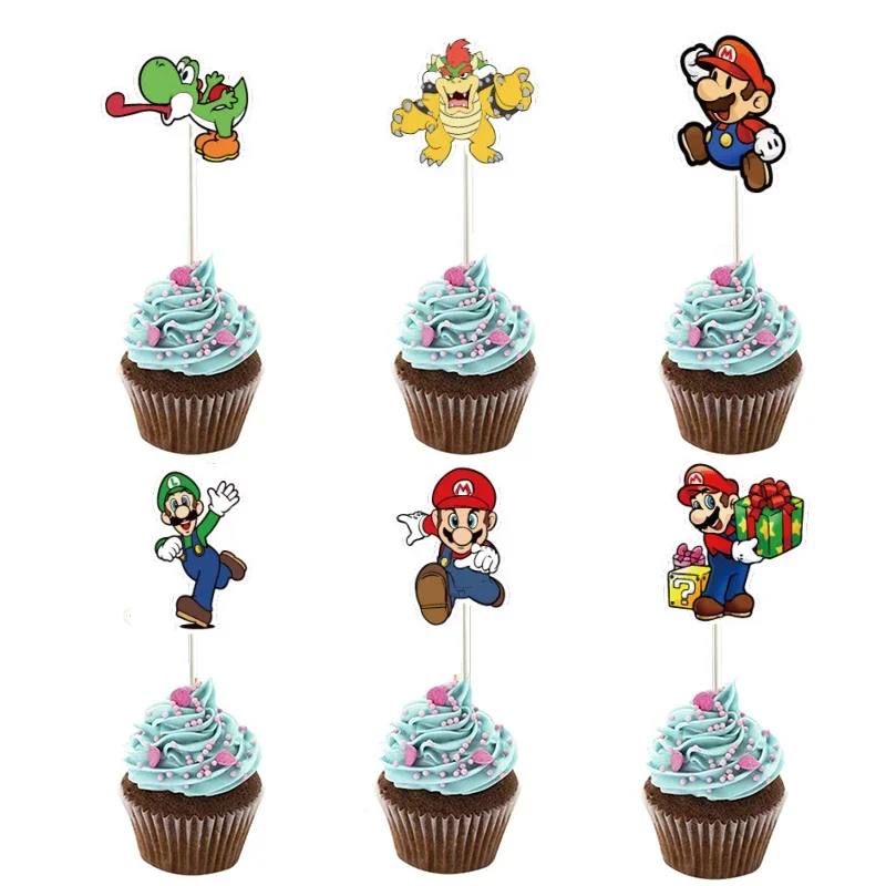 24PCS Super Mario Bros Cupcake Toppers Kids Anime Figure Mario Luigi Yoshi Bowser Birthday Party Cake Decorations Supplies Gifts