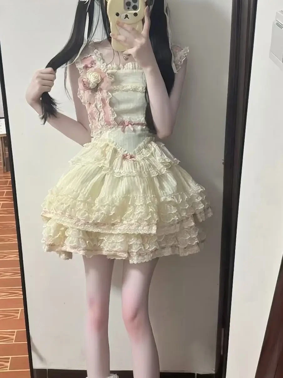 Lolita em camadas bolo cinta vestido de princesa estilo japonês bonito versátil cintura alta fino arco renda sem mangas vestido curto
