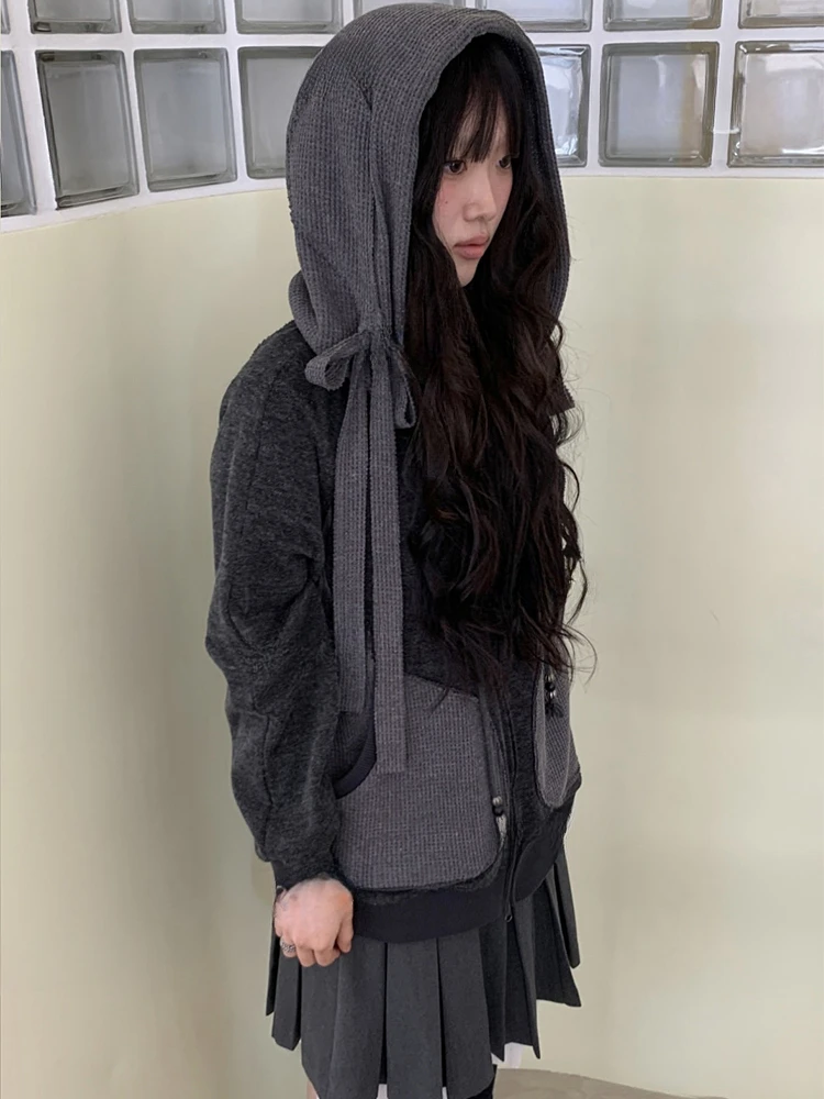 Korean Y2k Aesthetics Overszied Hoodies Women Tops Harajuku Drawstring Patchwork Sweatshirt Casual Double Zippers Streetwear