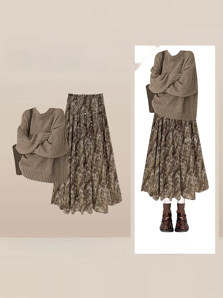 

Large Size Knitted Sweater And A-Line Skirt Set Women's Winter Faion Floral Print High Waist Skirt Casual Sle Ensemble