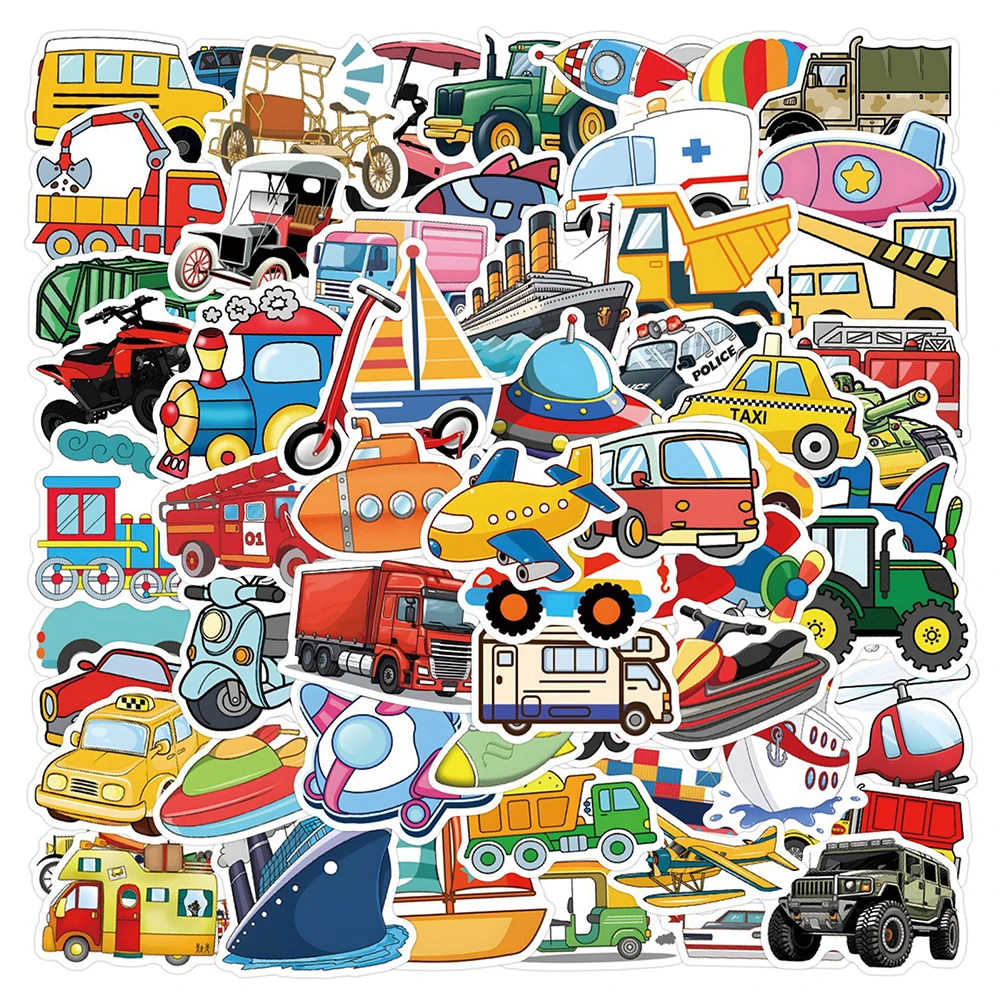 

10/30/50/110pcs Cartoon Engineering Vehicle Transportation Stickers Cute Car Airplane Ship Decoration Decals for Suitcase Guitar