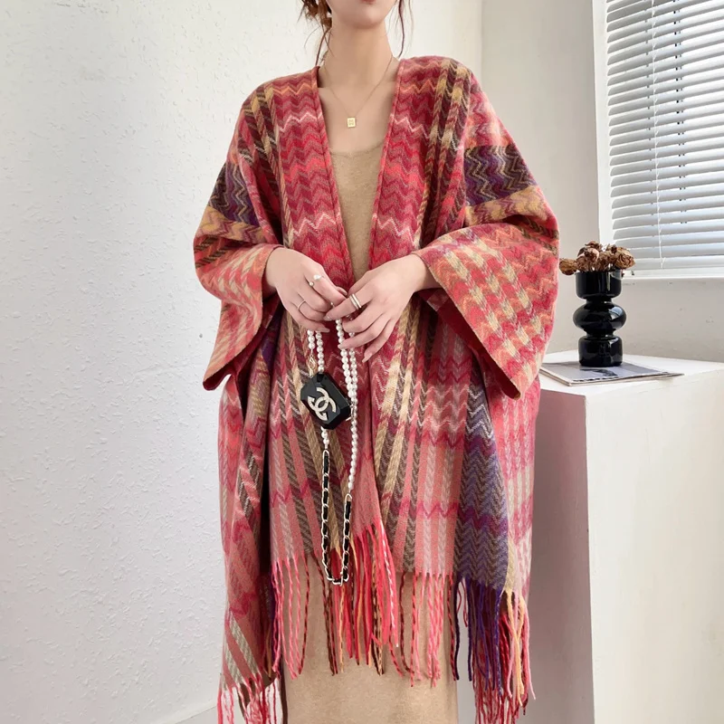 Poncho de borla listrado para mulheres, xale de algodão, cachecol étnico, moda feminina, mantenha aquecido, xales de viagem soltos, outono, inverno