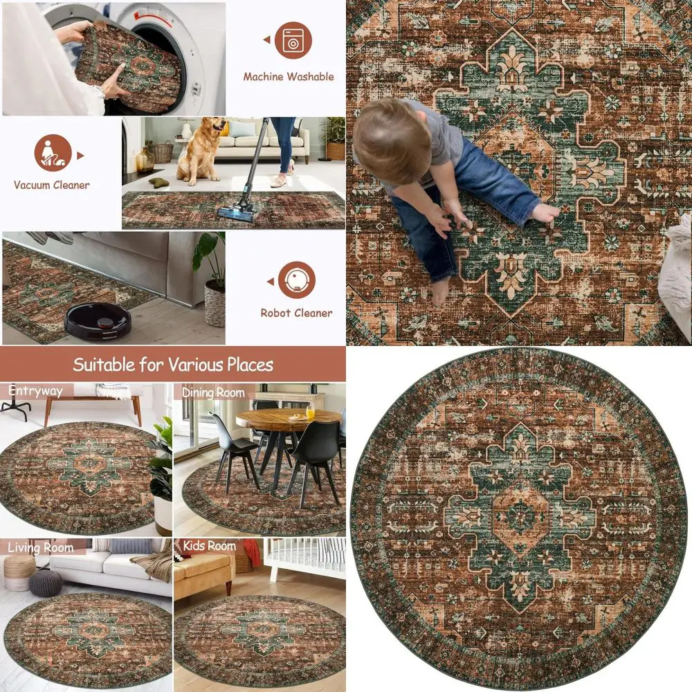 

Vintage 5ft Round Rug - Thin, Washable, Non-Slip, Stain-Resistant for Entryway, Kitchen, Bedroom, Living Room, Dining Area, and