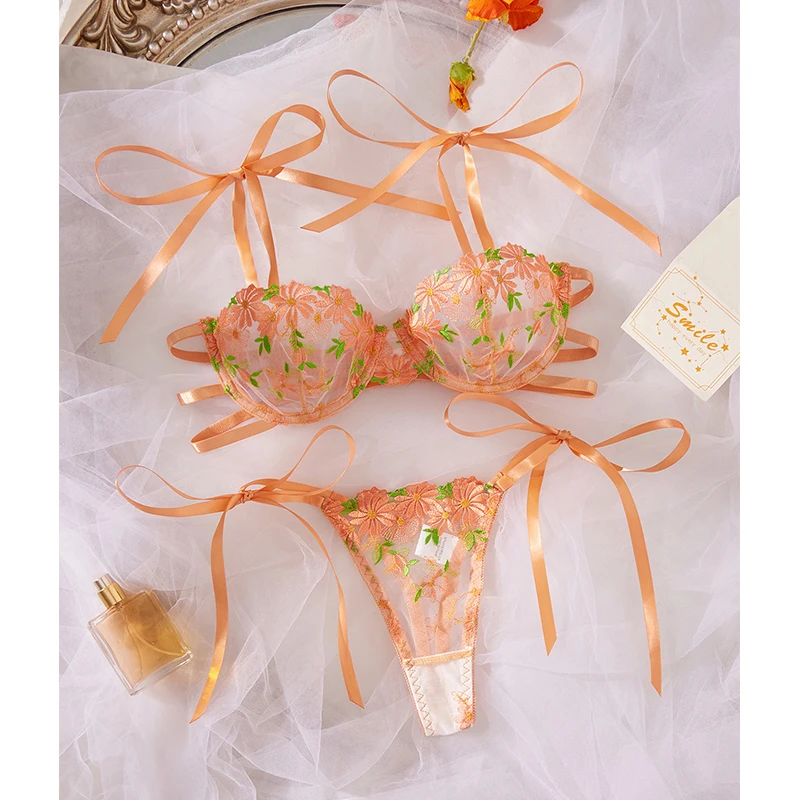 

Sexy Lingerie Beautiful Embroidered Lace Underwear Orange Ultra Thin Bra Set Hollow Erotic Lingerie Pure Desire Lingerie Set