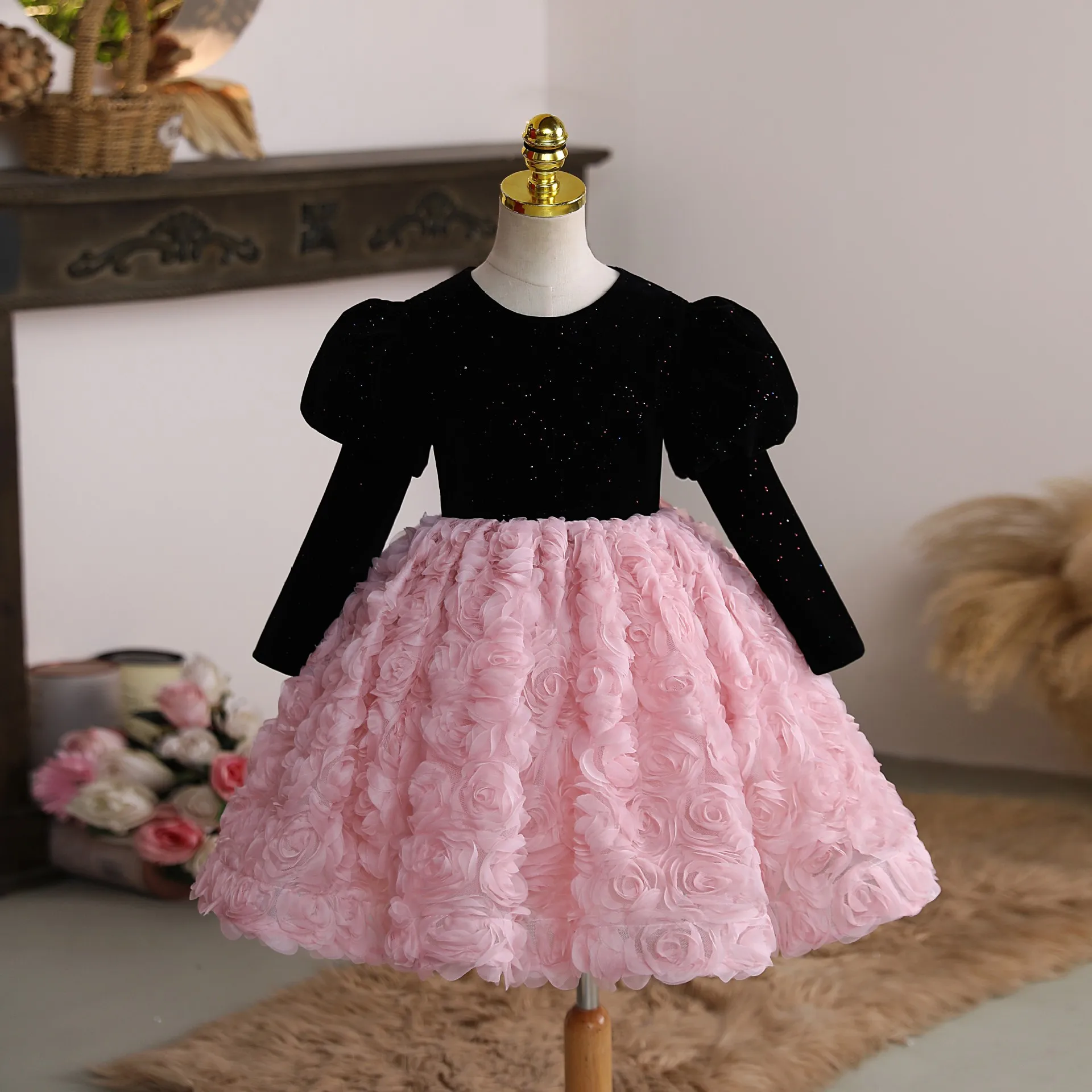 robe-de-princesse-en-satin-avec-nœud-et-fleurs-pour-bebe-et-enfant-robe-de-premiere-communion-robe-de-bal-robe-de-fete-de-mariage-avec-pareo-robe-d'anniversaire