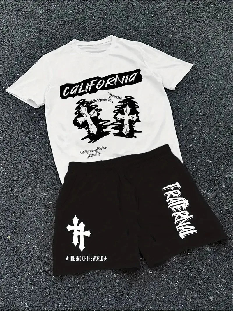 The 2025 summer new men's set features street hip-hop casual fashionable comfortable and soft 3D cross pattern print