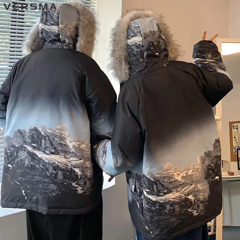 VERSMA-Chaqueta de plumón de pato grueso para hombre, parka con Cuello de piel, estampado de montaña de nieve, estilo japonés, Retro, Hip Hop, para invierno, envío directo