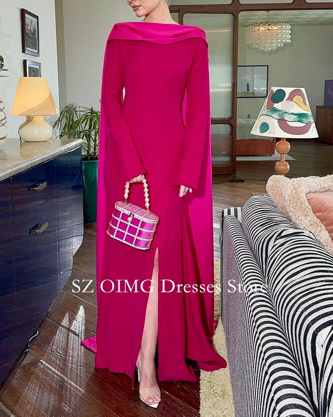 OIMG Saudi Arabia Crepe Satin Prom Dresses Boat Neck Dress Hot Pink Pearls Dress Formal Women Wedding Party Gowns