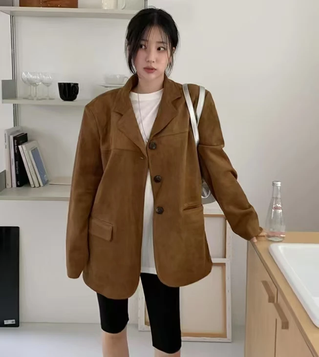 UNXX tersedia dalam stok Chic Korea musim gugur/musim dingin Retro Amerika Blazer Suede coklat Melard jaket lengan panjang untuk wanita kantor wanita