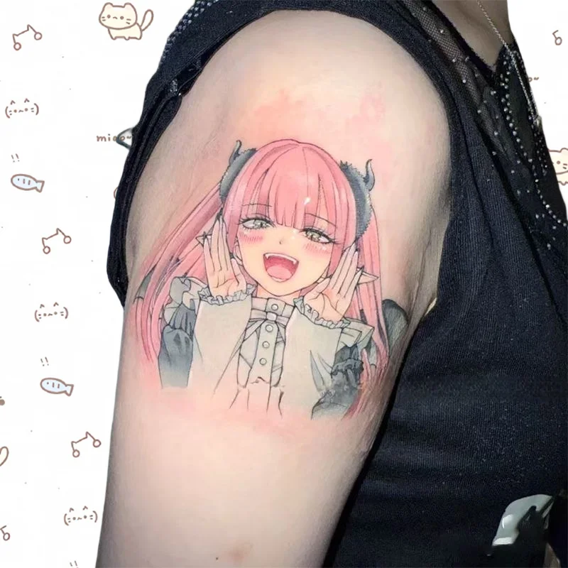 

Anime Waterproof Temporary Tattoos Maid Pink Girl Body Art Long-Lasting Fake Tattoo Sticker for Arm Thighs Neck Waist