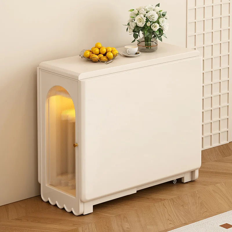 

Cream wind solid wood folding dining table white small apartment retractable dining table against the wall multi-functional mova