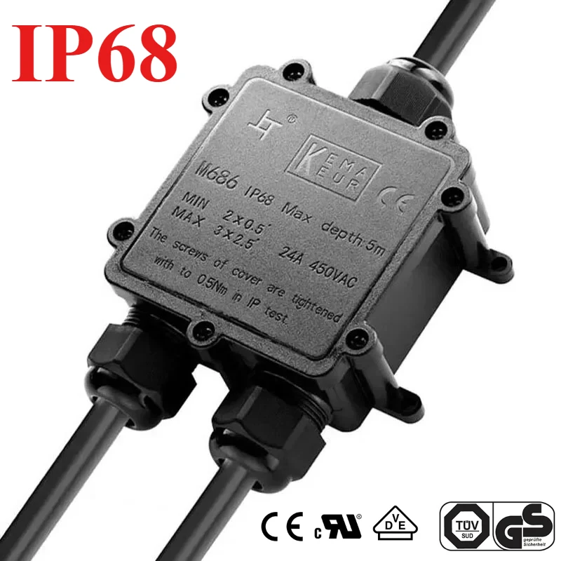 IP68 3 Way Waterproof Junction Box 4/5/6pin 4-14mm Electrical Cable Wire Connectors 24A 450V External Electrical Junction Box