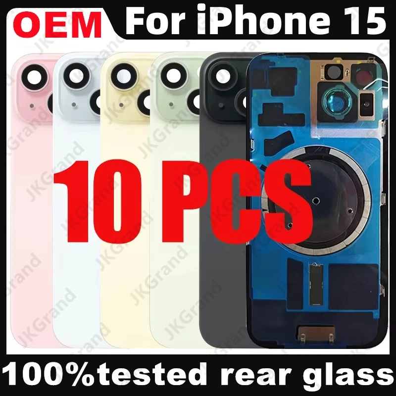 10 Pcs For iPhone 15 Back Glass Panel Battery Cover With Camera Lens Rear Door Housing Chassis Frame Bezel Metal Plate