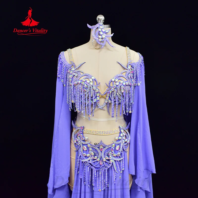 BellyDance Set Custom Luxury Rhinestone Tassel Bra+Senior AB Stones Chiffon Long Skirt 2pcs Oriental Dance Performance Costumes