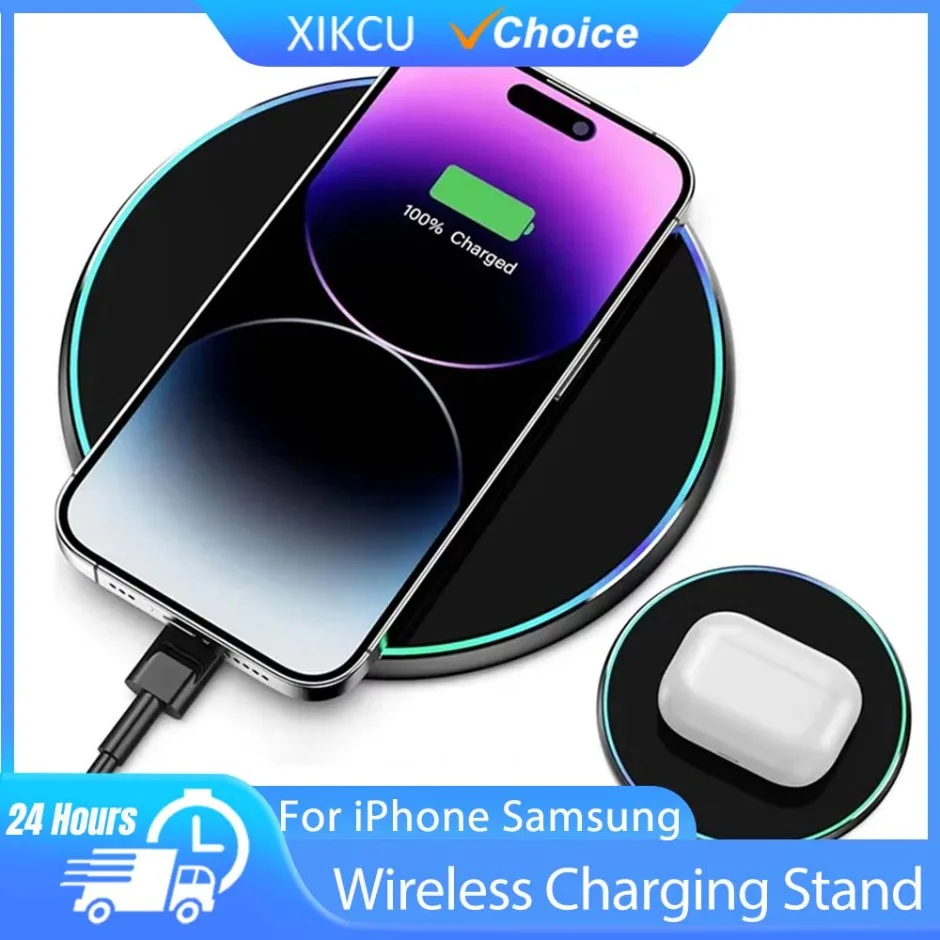 Induction Fast Charging Pad Dock Station For Samsung S23 S22 Xiaomi Huawei 2 in 1 Wireless Charger For iPhone 12-16 Pro Max