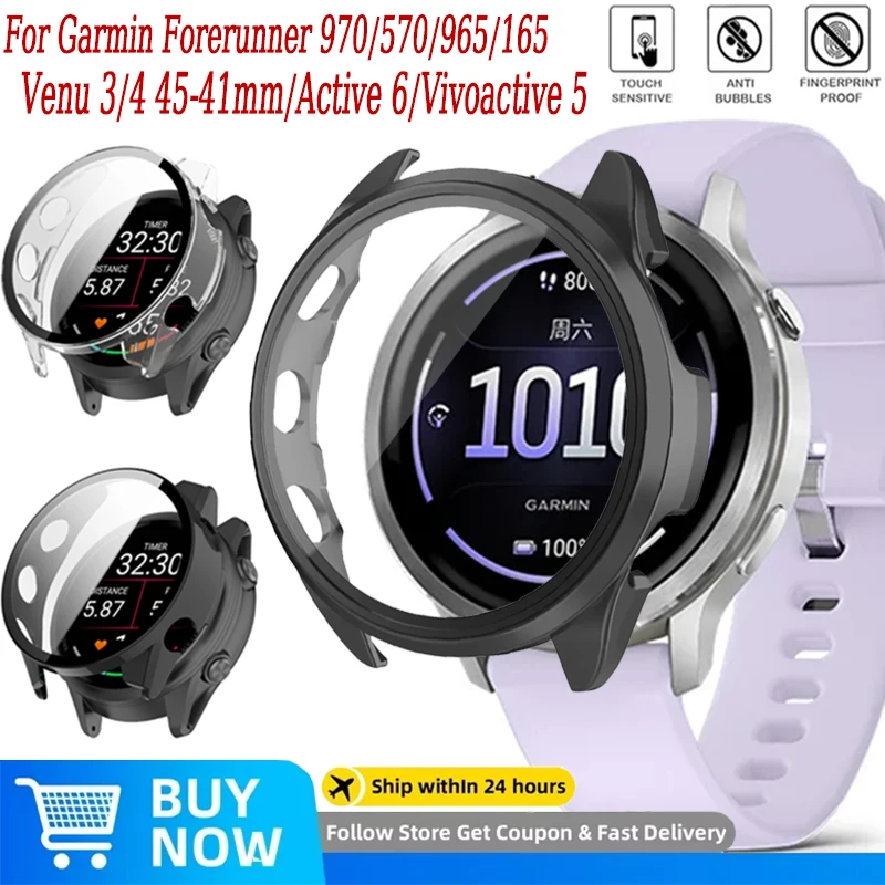 PC-Gehäuse + HD-Hartglas für Garmin Forerunner 970/570/965/165 Anti-Fall-Displayschutzschale Garmin Venu 4 45/41 mm/Active 6