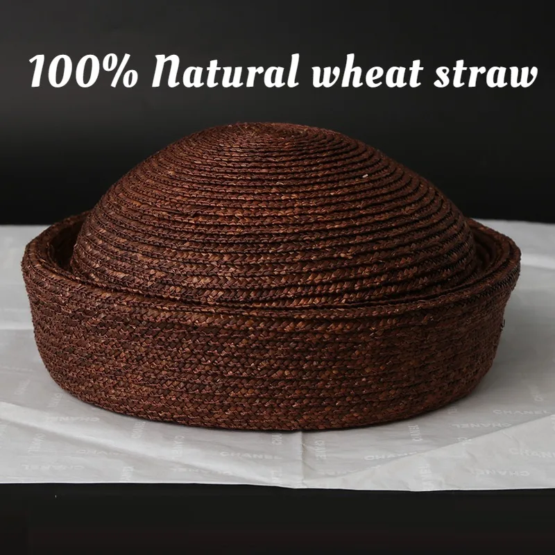 Natural Straw Coffee Pillbox Hat Ins Blogger Flat Berets Women Hand Woven Sun Hat Circle Concave Church Derby Party Beach Hat