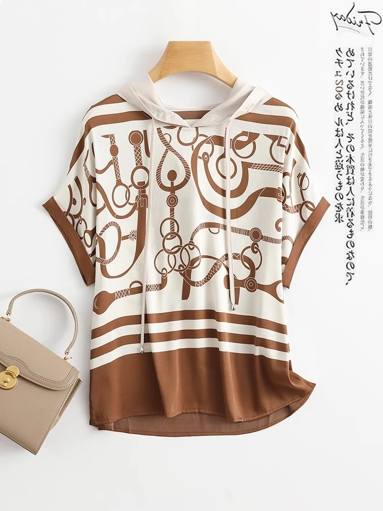 Silk T-irt Women's Loose Fit ort Sve Printed Heavyweight  Silk Casual Summer Top Korean Sle Commute Faion