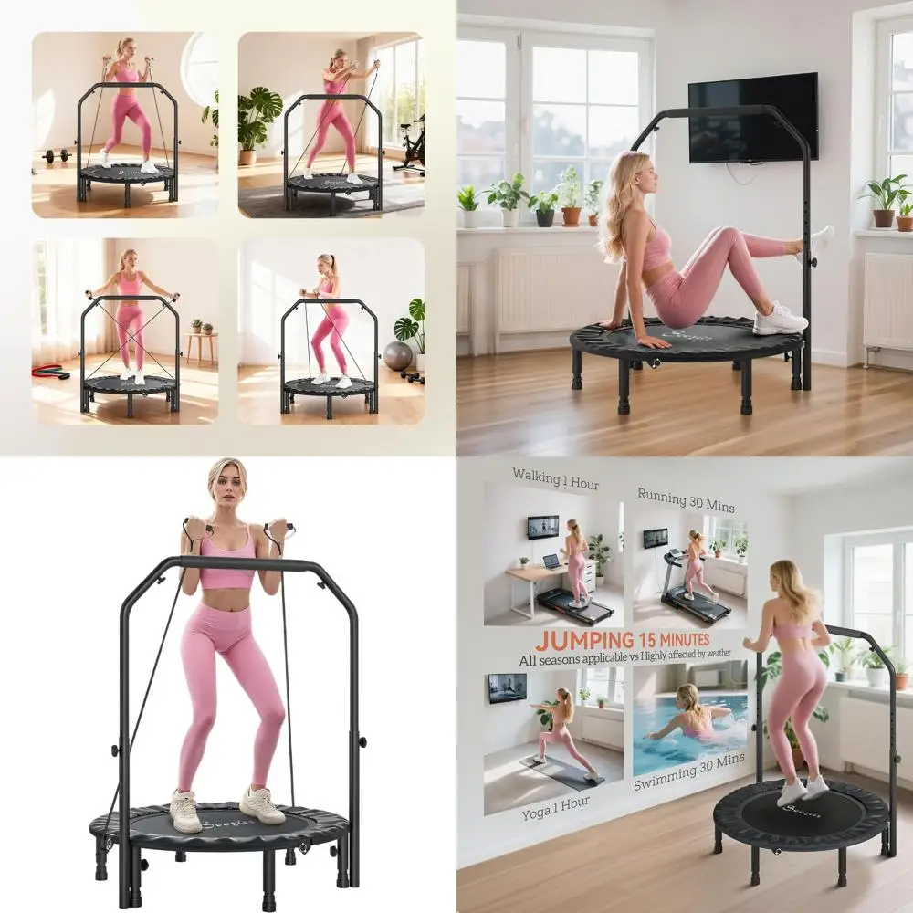 

40-дюймовый складной мини-батут, батут-тренажер для взрослых с регулируемой ручкой из пеноматериала и эспандерами, фитнес-тренажер